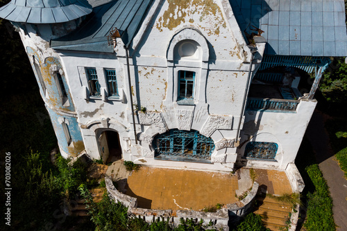 Drone view of the main house with the tower of the Vorobyovo estate, built at the beginning of the 20th century. Kaluga region, Russia photo