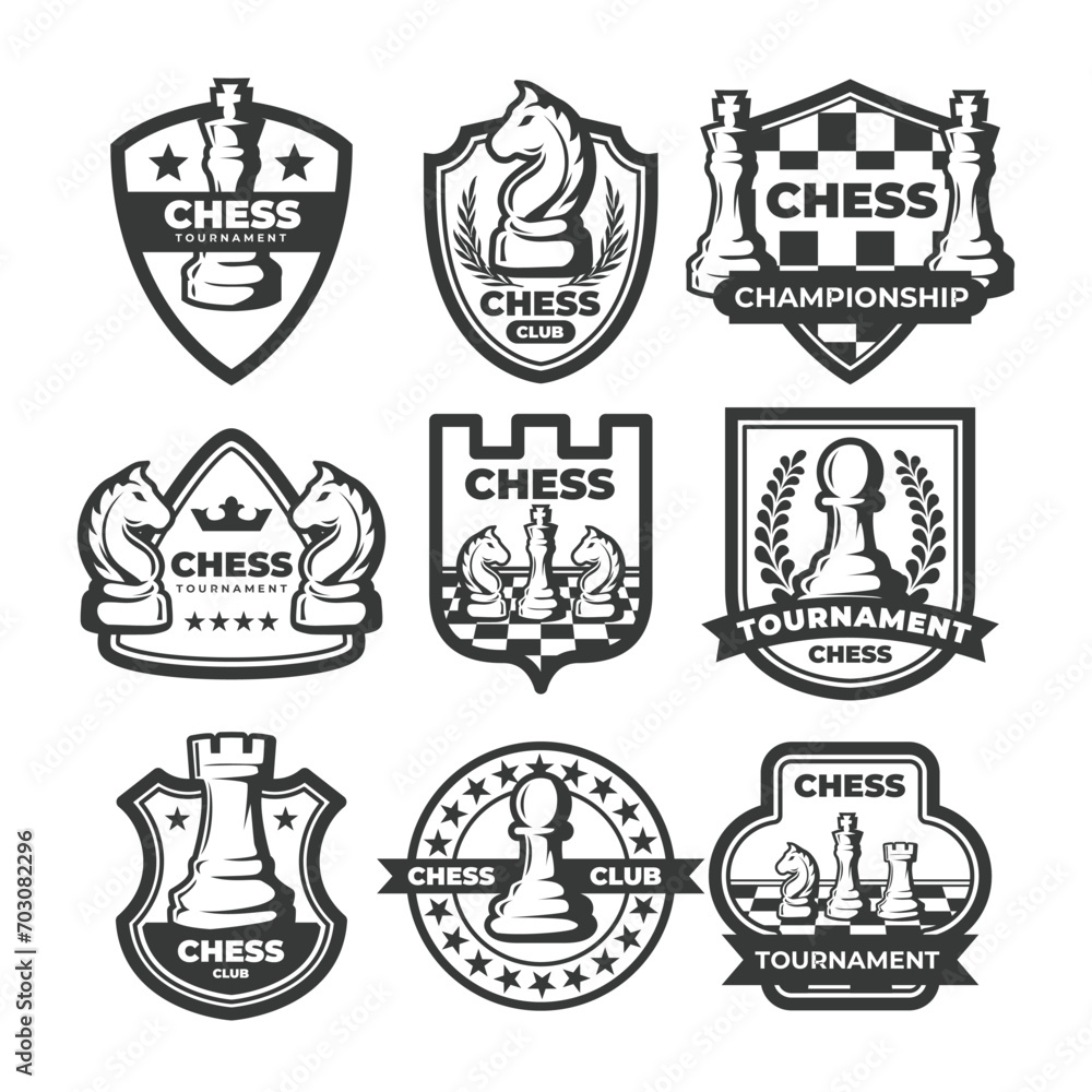 Chess Badge set, vintage classic monochrome chess game labels set, Chess club emblem. Chess game tournament logo, king, queen, bishop and rook pieces silhouettes, Victory badges with wreath and shield