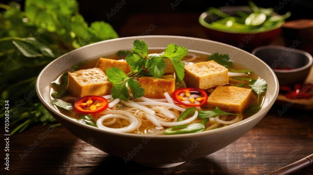 A symphony of textures dances in a bowl of vegetarian pho, with soft tofu cubes, chewy rice noodles, and tender baby corn, surrounded by a fragrant vegetable broth enriched with hints of A symphony of textures dances in a bowl of vegetarian pho, with soft tofu cubes, chewy rice noodles, and tender baby corn, surrounded by a fragrant vegetable broth enriched with hints of
