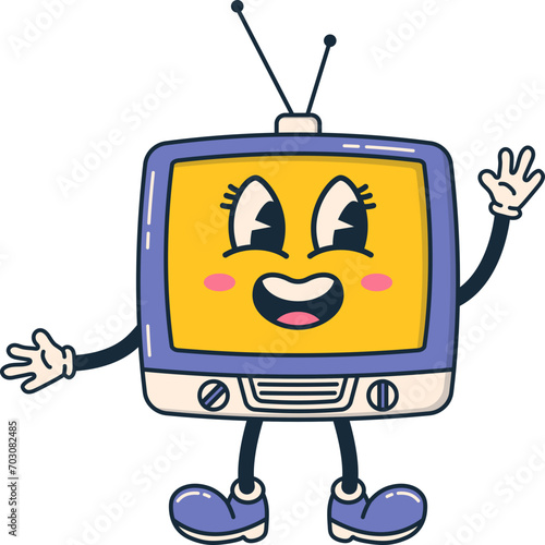 Old Television Character Groovy Funky Cartoon say Hello and Waving Hand