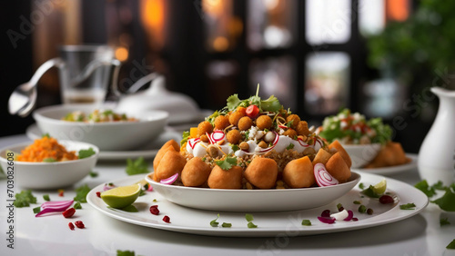 tradition and modern aesthetics by featuring Indian chaat arranged on a stylish white plate against a contemporary restaurant table background