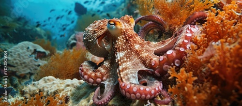 Indonesian octopus on coral in Lembeh. photo