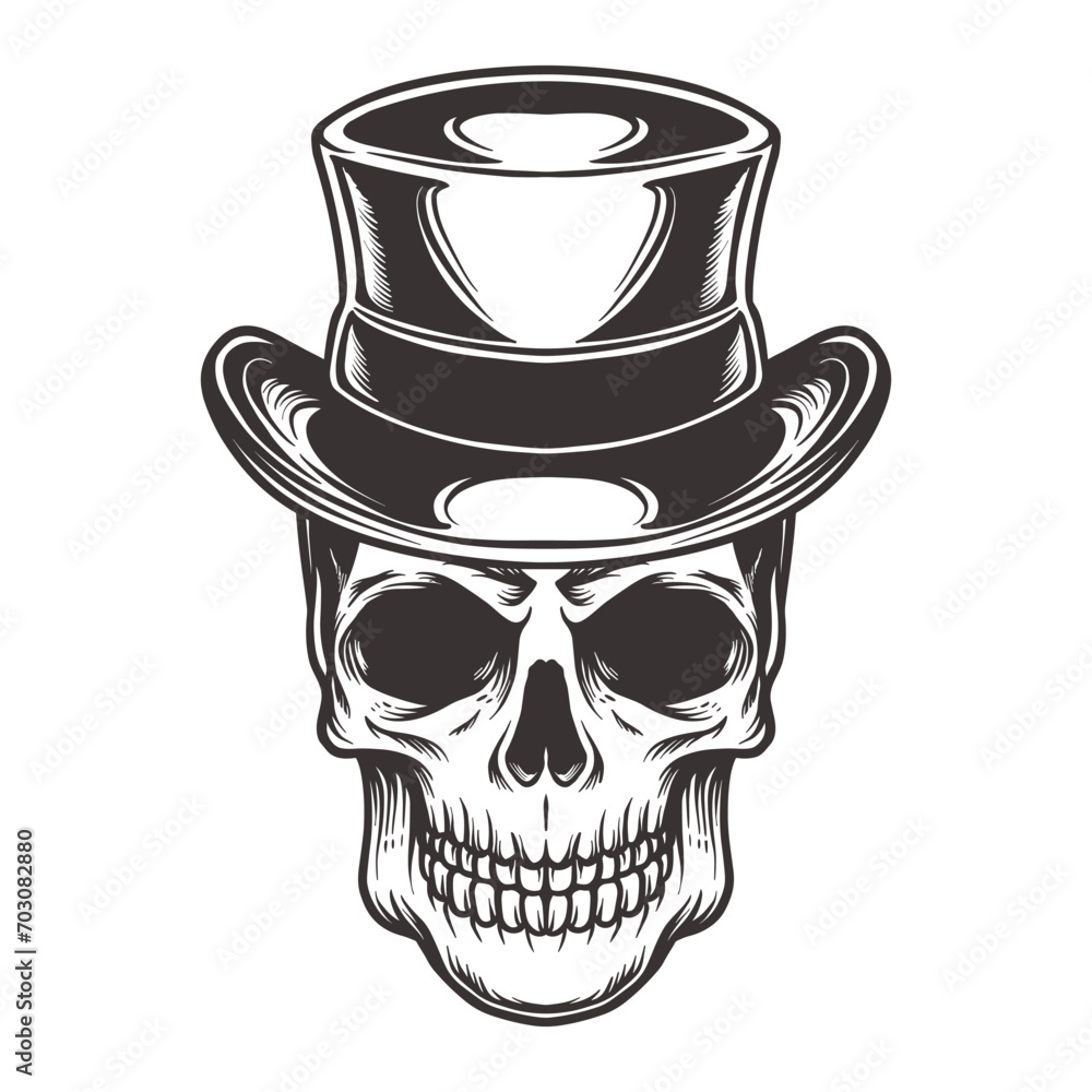 skull wearing magic top hat in vintage style isolated illustration