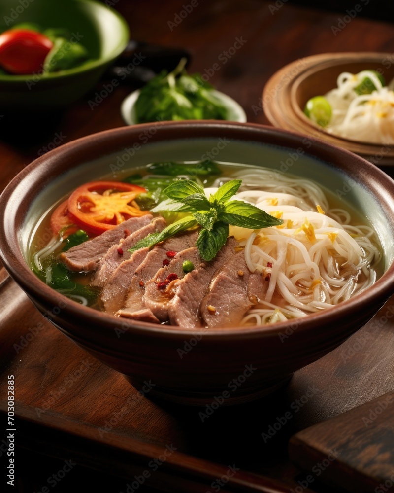 The warmth of an elegant bowl filled with aromatic broth wraps itself around tender slices of slowcooked lamb, delicate rice noodles, and an assortment of fresh vegetables, creating a delightful