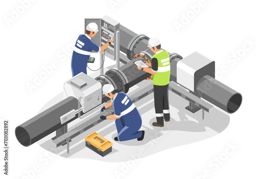 factory industrial maintenance isometric technician  engineer team worker jobs gas and electric installation system concept isolated illustrate