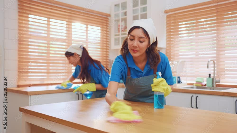 Asian young woman cleaner team working and cleaning in kitchen at home. Asian young woman cleaner team working and cleaning in kitchen at home.