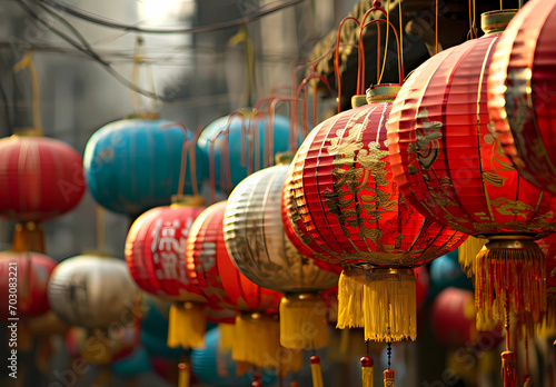 Many colourful chinese lanterns hanging in the street