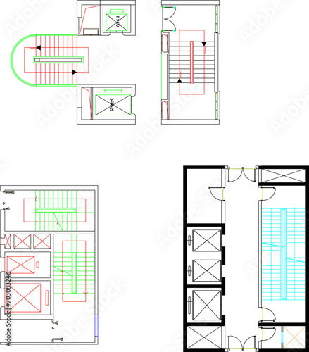 Vector design sketch illustration of a detailed technical drawing section for the placement of stairs and lifts in a multi-storey building