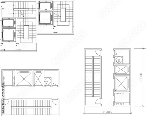 Vector design sketch illustration of a detailed technical drawing section for the placement of stairs and lifts in a multi-storey building