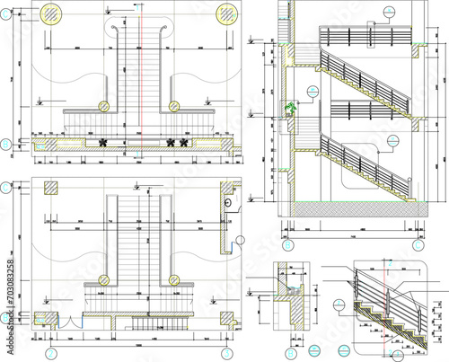 Vector design sketch illustration of detailed technical drawings of stairs and house building interior sections