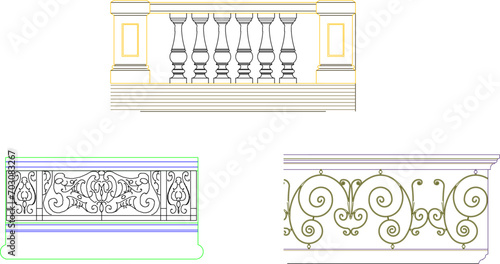 Sketch design vector illustration engineering drawing of classic balcony with railing 