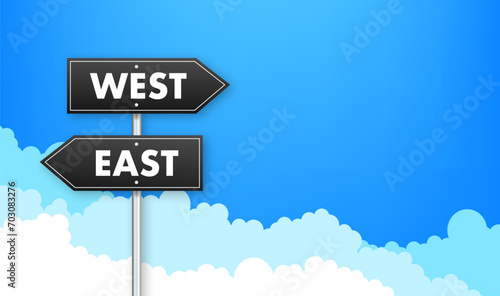 Directional Signposts for East and West with Blue Sky and Clouds Background, Vector Illustration for Travel and Navigation Concepts