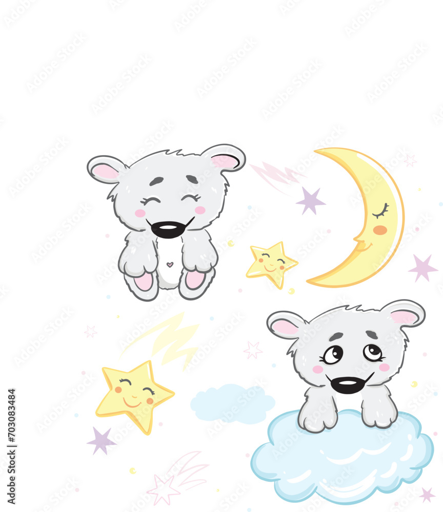 cute bear with stars clouds and moon