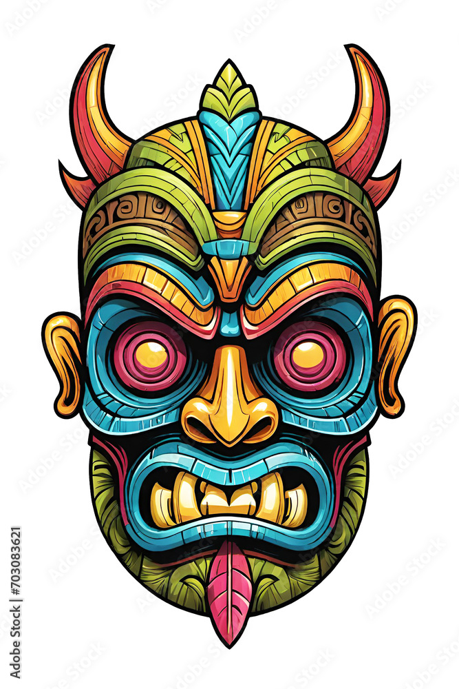 Tiki tribal mask with ethnic ornaments design on transparent background