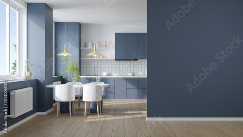 Mockup blue wall in Modern kitchen  3d rendering