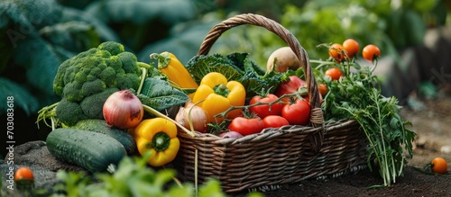 Assorted organic veggies in garden in wicker basket.