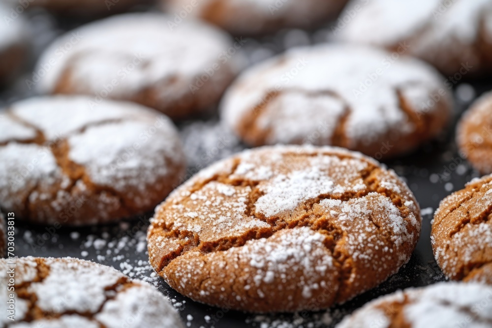 Gingersnap cookies, captured in a topdown shot, showcase their crackly surface adorned with a light dusting of powdered sugar. The gentle warmth of es, like ginger and cinnamon, is evidenced
