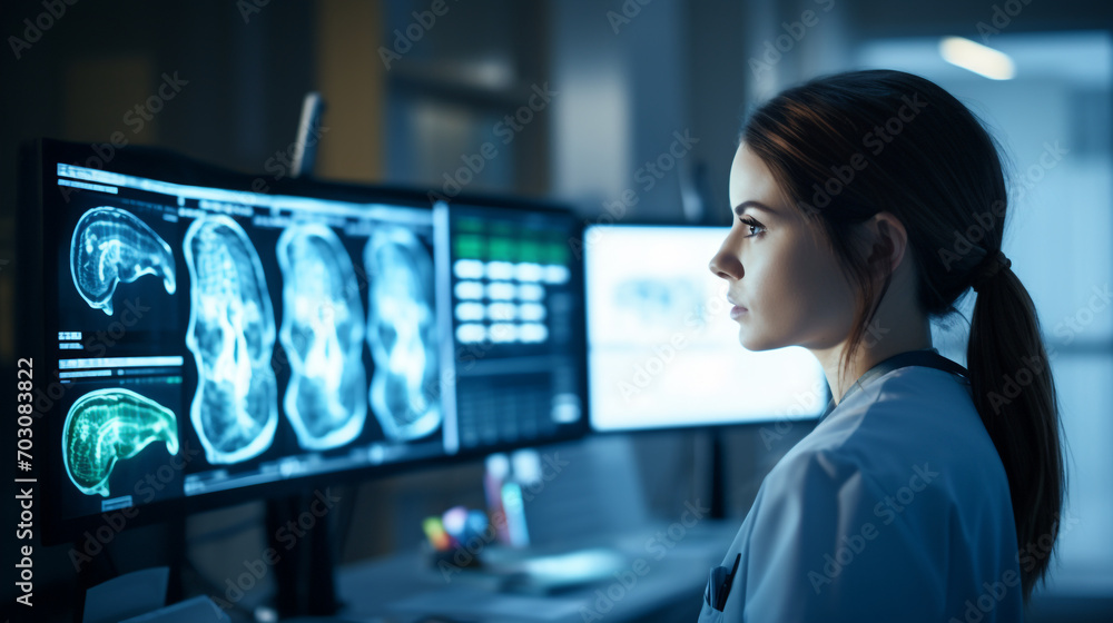 A focused female neurologist deeply engrossed in examining intricate brain scans, utilizing cutting-edge medical technology for diagnosis A focused female neurologist deeply engrossed in examining intricate brain scans, utilizing cutting-edge medical technology for diagnosis