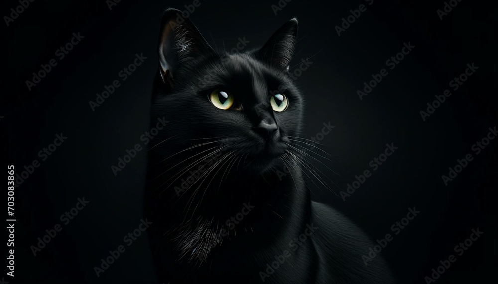 Portrait of a black cat on a black background with copy space