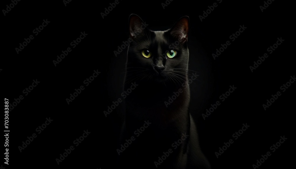 Portrait of a black cat on a black background with copy space