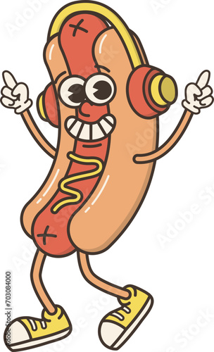 Cute Hot Dog Sandwich wearing Headphone Funky Cartoon Character Retro Groovy Mascot