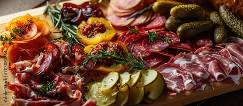 Meat platter with assorted deli meats, pickles, and herbs.