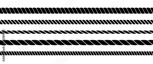 Repeating rope set. Seamless hemp cord lines collection. Black chain, braid, plait stripes bundle. Horizontal decorative plait pattern. Vector marine twine design elements for banner, poster, frame photo