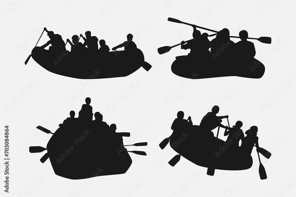 rafting silhouette collection set. hobby, leisure, whitewater river, sport concept. different actions, poses. monochrome vector illustration. - obrazy, fototapety, plakaty 