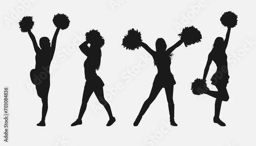 set of cheerleader silhouettes. girls dancing, holding pompoms with various different style, pose, movement. vector illustration.