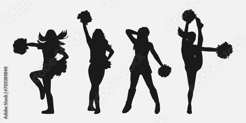 set of cheerleader silhouettes. girls dancing, holding pompoms with various different style, pose, movement. vector illustration.