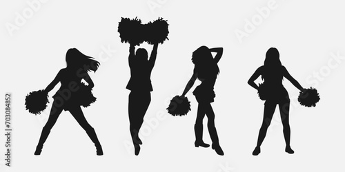 set of cheerleader silhouettes. girls dancing, holding pompoms with various different style, pose, movement. vector illustration.