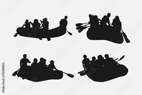 rafting silhouette collection set. hobby, leisure, whitewater river, sport concept. different actions, poses. monochrome vector illustration.