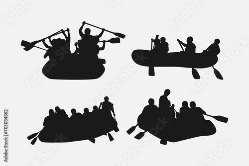 rafting silhouette collection set. hobby, leisure, whitewater river, sport concept. different actions, poses. monochrome vector illustration. photo