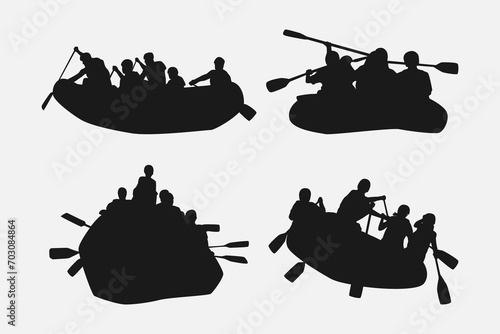 rafting silhouette collection set. hobby, leisure, whitewater river, sport concept. different actions, poses. monochrome vector illustration. photo