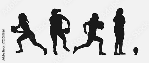 set of silhouettes of female rugby athlete with different pose, gesture. isolated on white background. vector illustration.