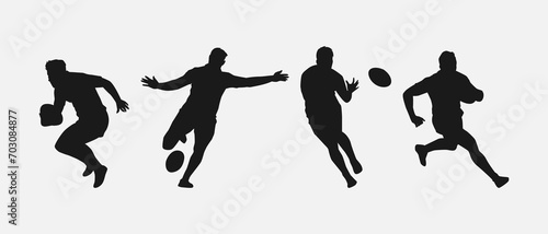 set of silhouettes of male rugby athlete with different pose, gesture. isolated on white background. vector illustration.