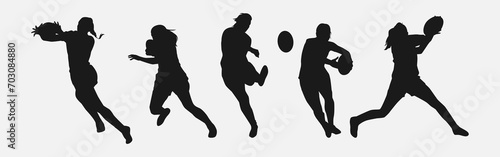 set of silhouettes of female rugby athlete with different pose, gesture. isolated on white background. vector illustration. photo