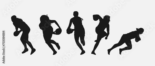 set of silhouettes of female rugby athlete with different pose, gesture. isolated on white background. vector illustration.