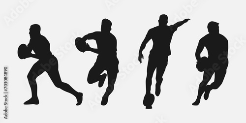 set of silhouettes of male rugby athlete with different pose, gesture. isolated on white background. vector illustration.