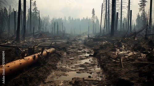 A polluted forest with trees dying from chemical exposure photo