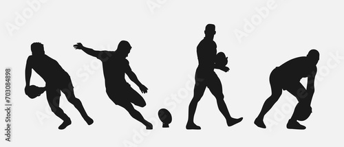 set of silhouettes of male rugby athlete with different pose, gesture. isolated on white background. vector illustration.