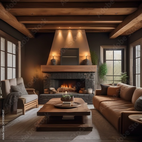 A cozy living room with a fireplace, adorned with rustic wooden furniture and warm earthy tones1 photo