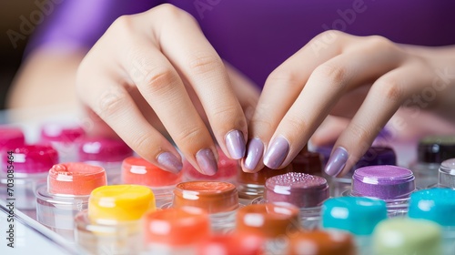 Close up of hands applying colorful nail polish