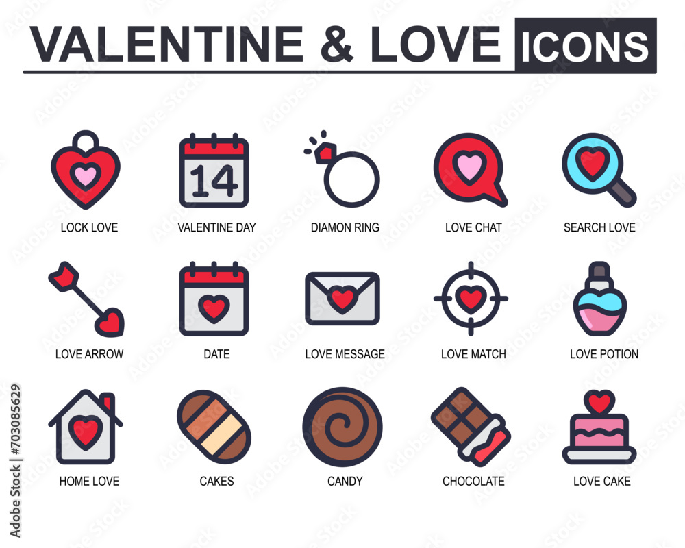 Valentine graphic vector illustration. Modern style. Contains padlock, Valentine date, calendar, ring, chat, search, arrow, letter, target, perfume, house, chocolate, cake. Editable stroke icon set. 