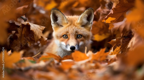 Fox camouflaged in a bed of autumn leaves