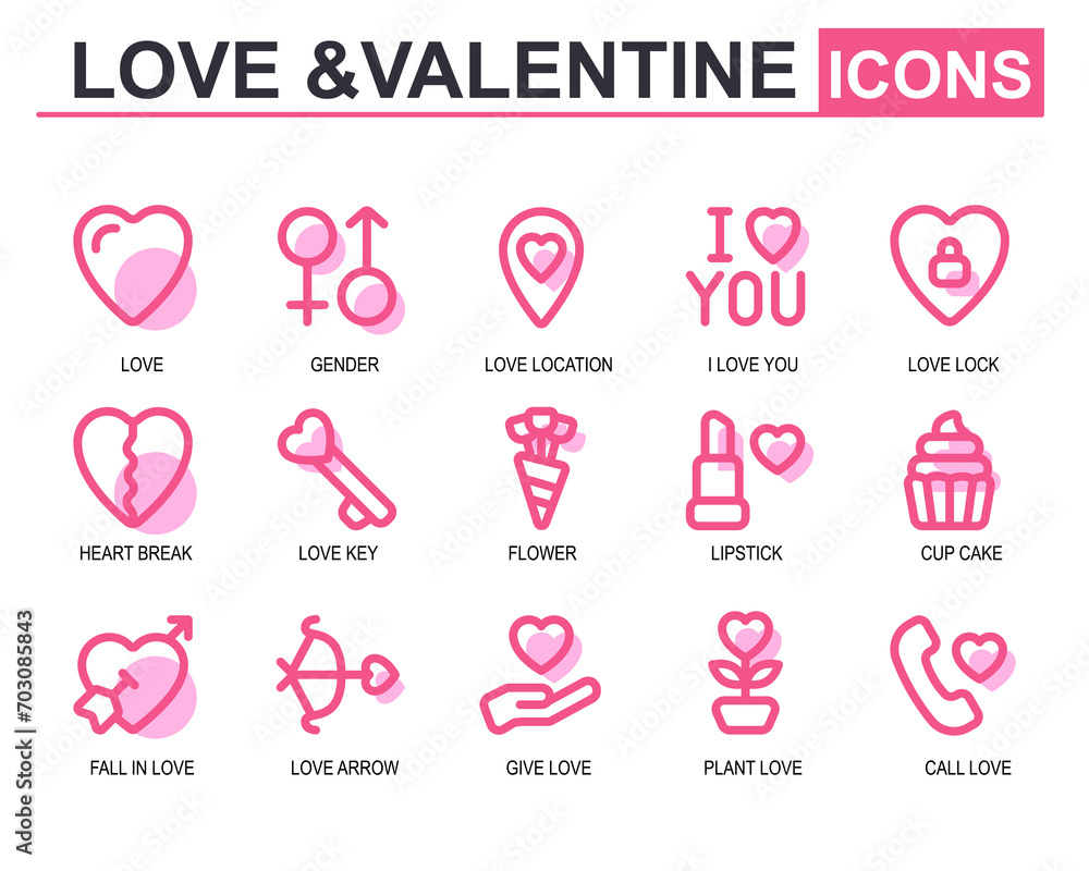 vector illustration valentine.filled line style.contains love,gender,key,broken heart,falling in love,lipstick,beautiful,cupcake,romance arrow,love flower,telephone,iloveyou.icon set editable stroke.