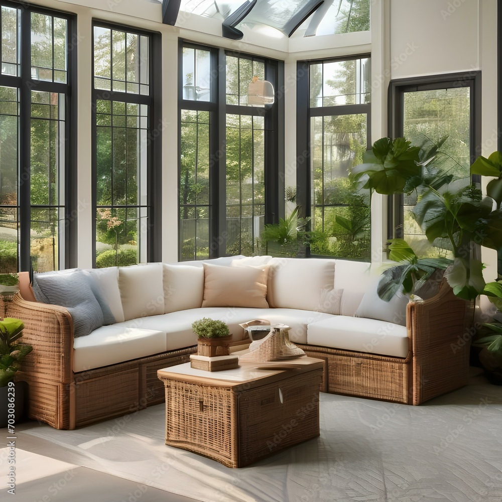 Obraz premium A bright and airy sunroom with wicker furniture, plants, and a view of the outdoors1