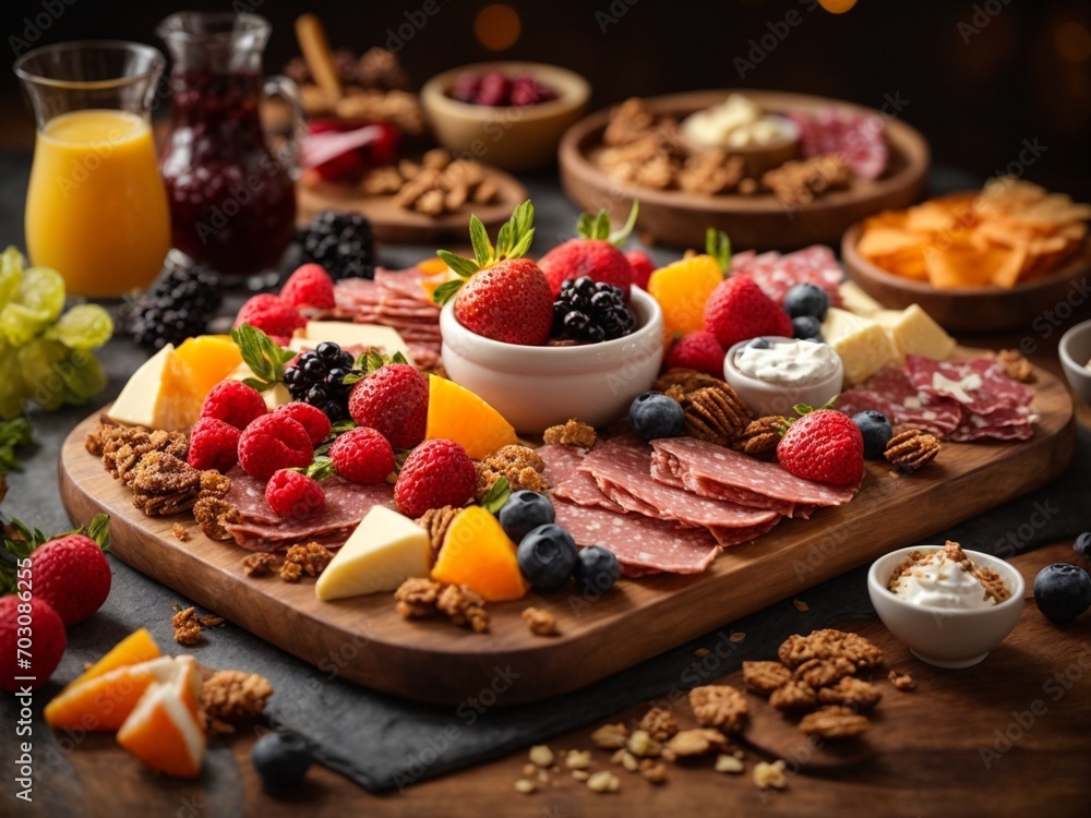 Delicious dessert and appetisers Charcuterie board, ideal dish to start the happy dinner, food photo Delicious dessert and appetisers Charcuterie board, ideal dish to start the happy dinner, food photo