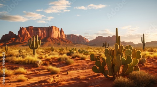 Desert scene with a cactus and mountains in the background