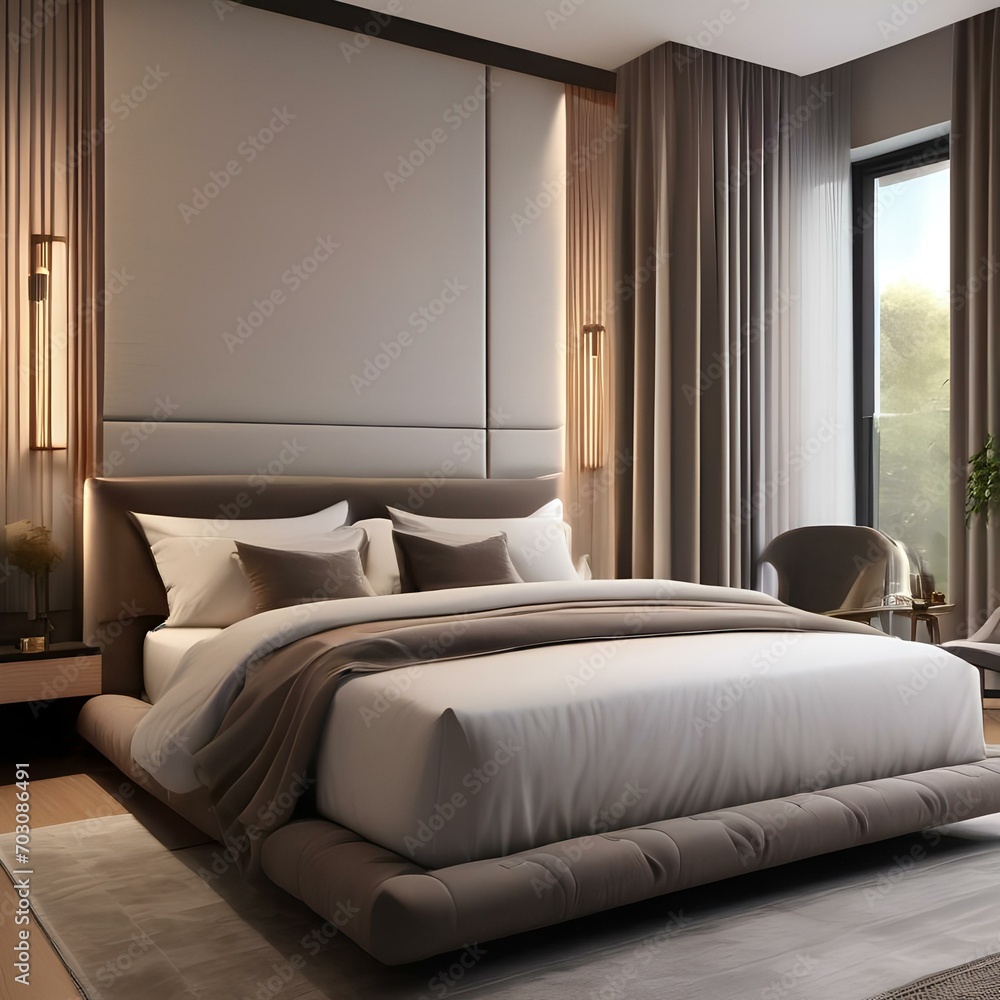 A serene and calming bedroom with neutral tones, soft lighting, and plush bedding3 A serene and calming bedroom with neutral tones, soft lighting, and plush bedding3